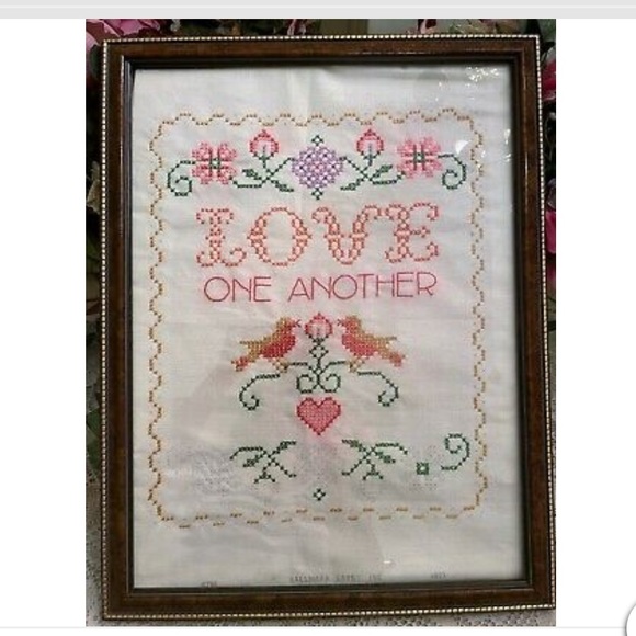 Vtg Framed Embroidered Sampler Love One Another